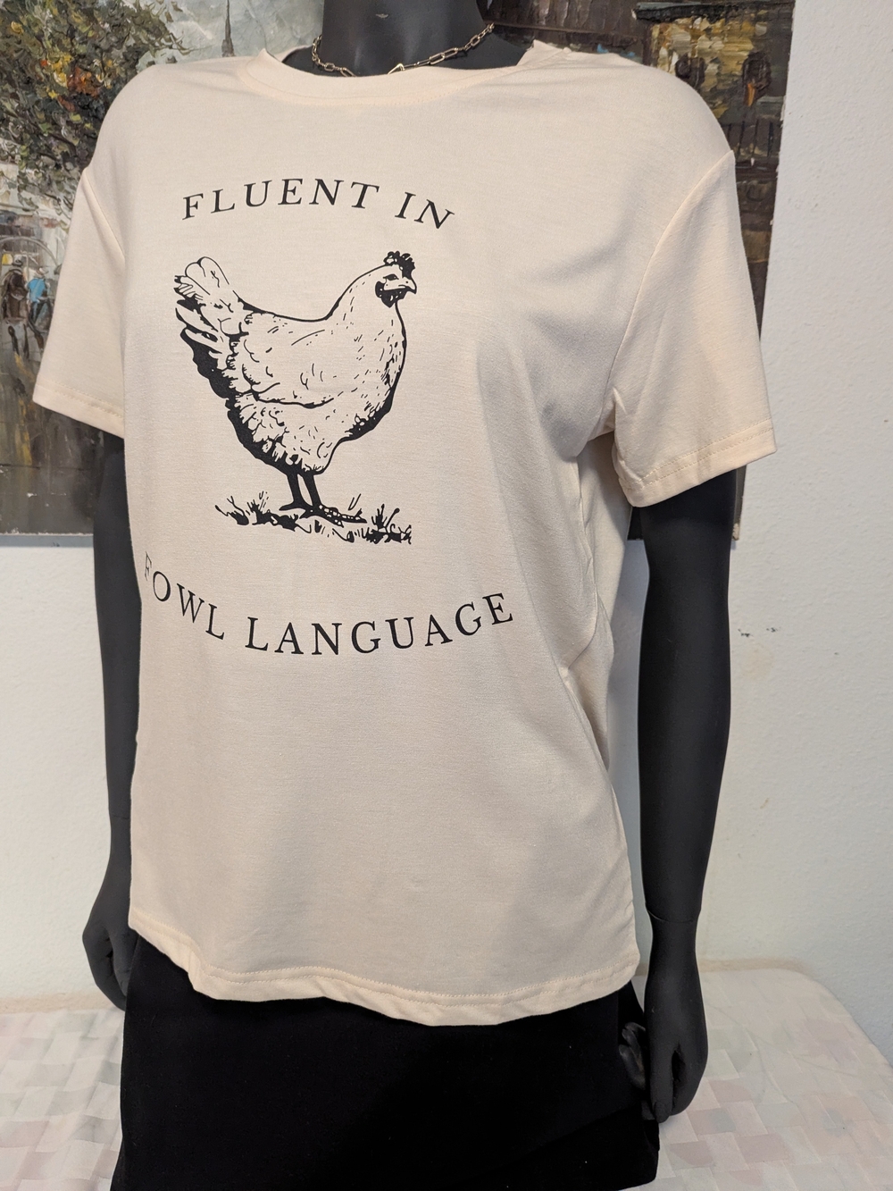 Graphic Crewneck Fluent In Foewl Language T‑Shirt - Cream with Black Print